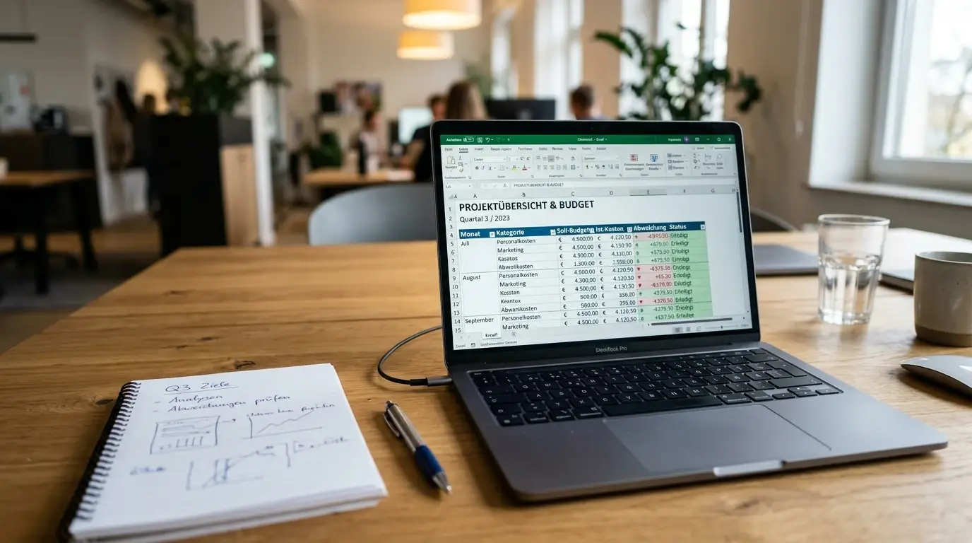 Laptop mit offenem Dokument voller Zahlungen und Berechnungen auf neutralem Schreibtisch