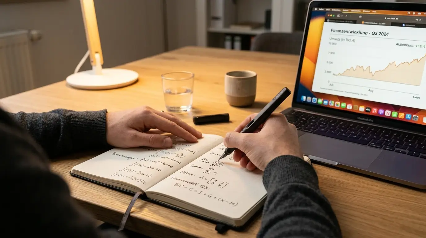Hände schreiben Berechnungen in Notizbuch, Laptop mit Diagramm im Hintergrund