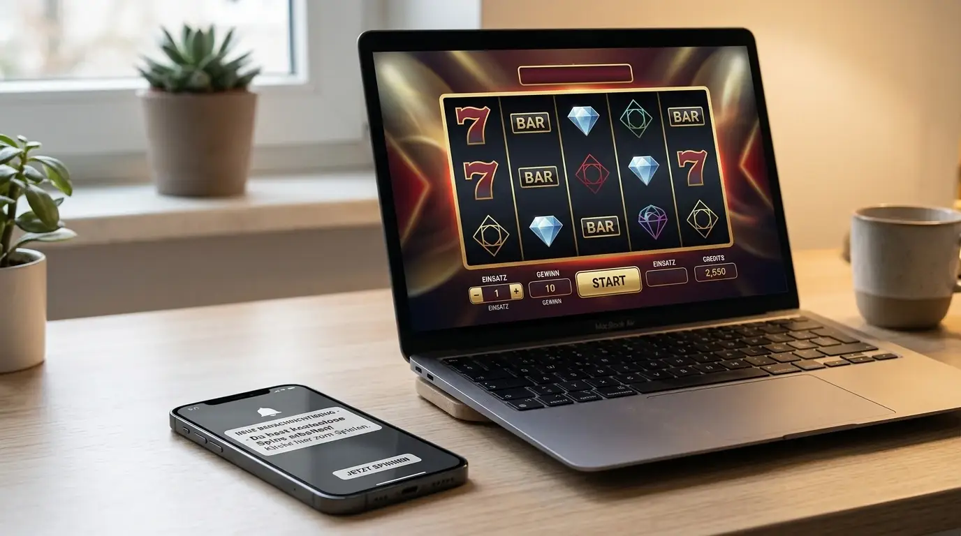 Smartphone mit Freispiel-Benachrichtigung neben Laptop mit Slot-Spiel