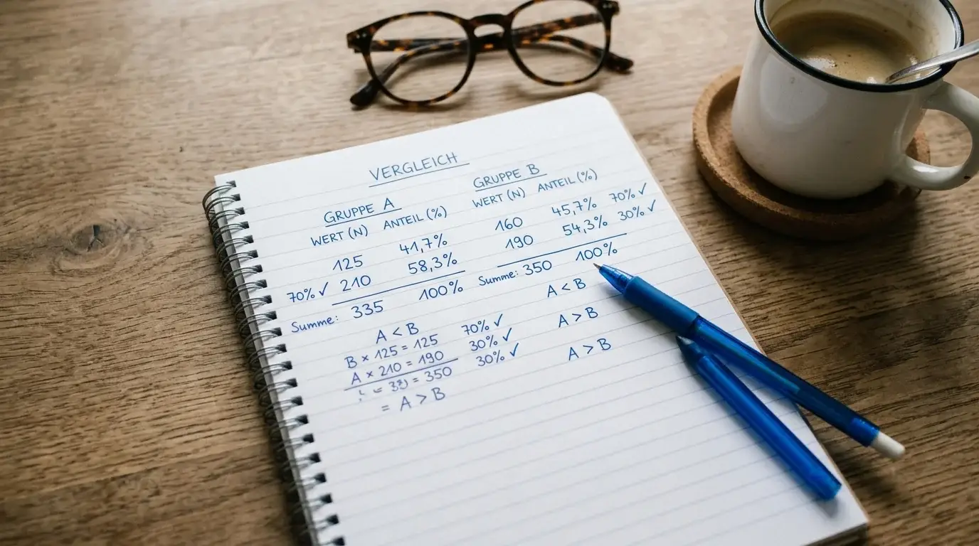 Notizblock mit handschriftlicher Gegenüberstellung von Bonusprozenten und Mindesteinzahlungen neben einer Kaffeetasse