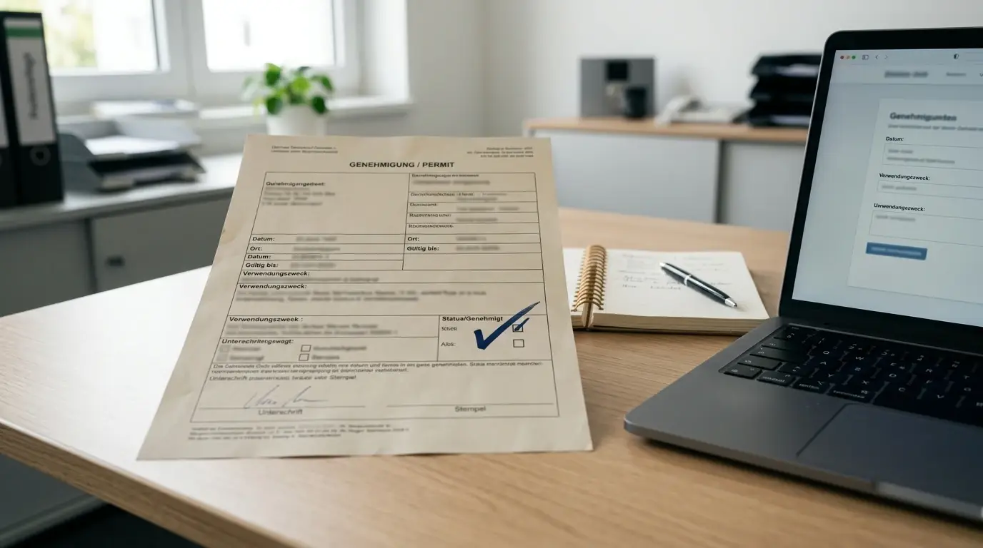 Neutrales Dokument mit Prüfsiegel neben Laptop und Notizblock