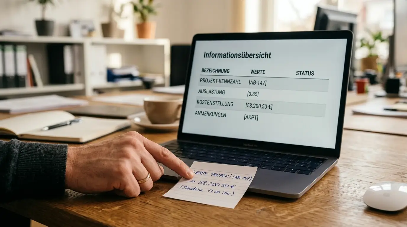 Bildschirm mit geöffnetem Informationsfenster eines Spiels, daneben handschriftliche Notiz