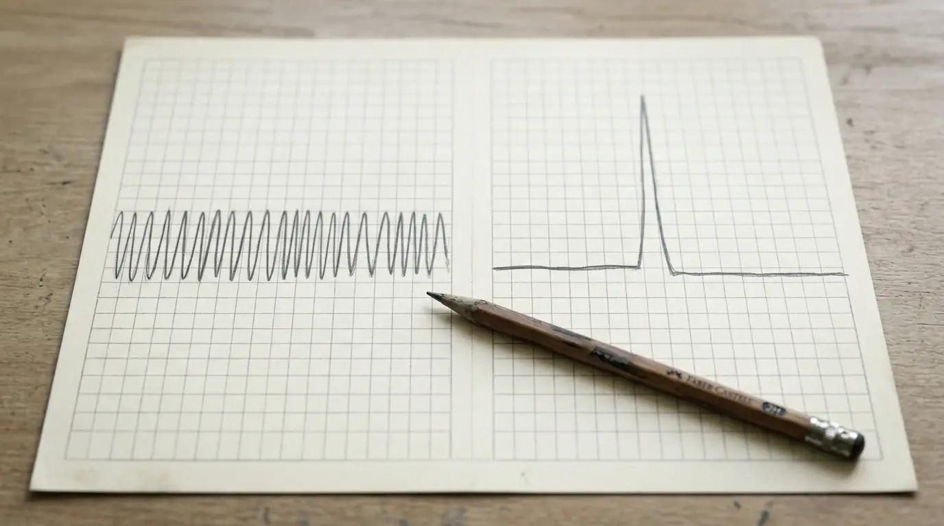 Zwei Diagrammskizzen auf Papier mit gleichmäßigen und unregelmäßigen Ausschlägen nebeneinander