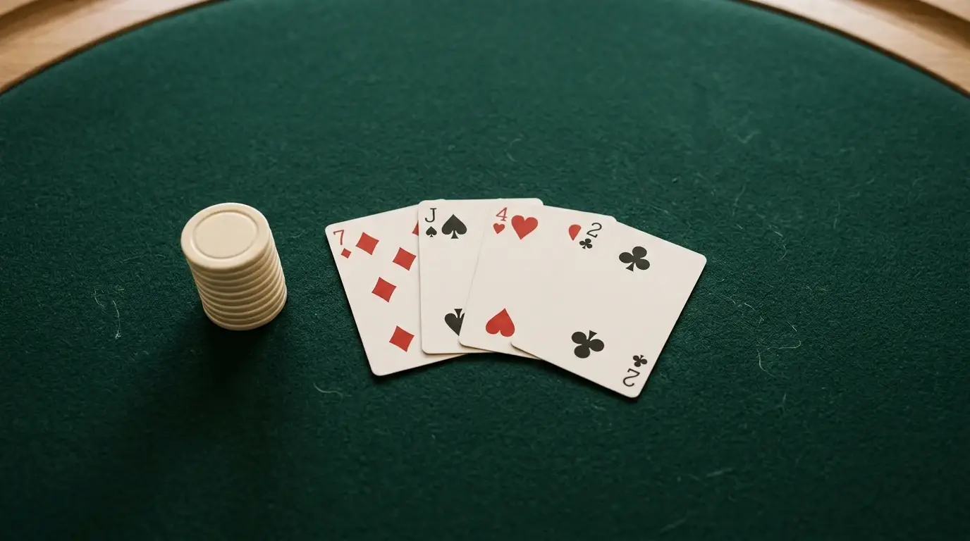 Grüner Spieltisch mit Karten und unmarkierten Spielmarken in ruhiger Aufsicht