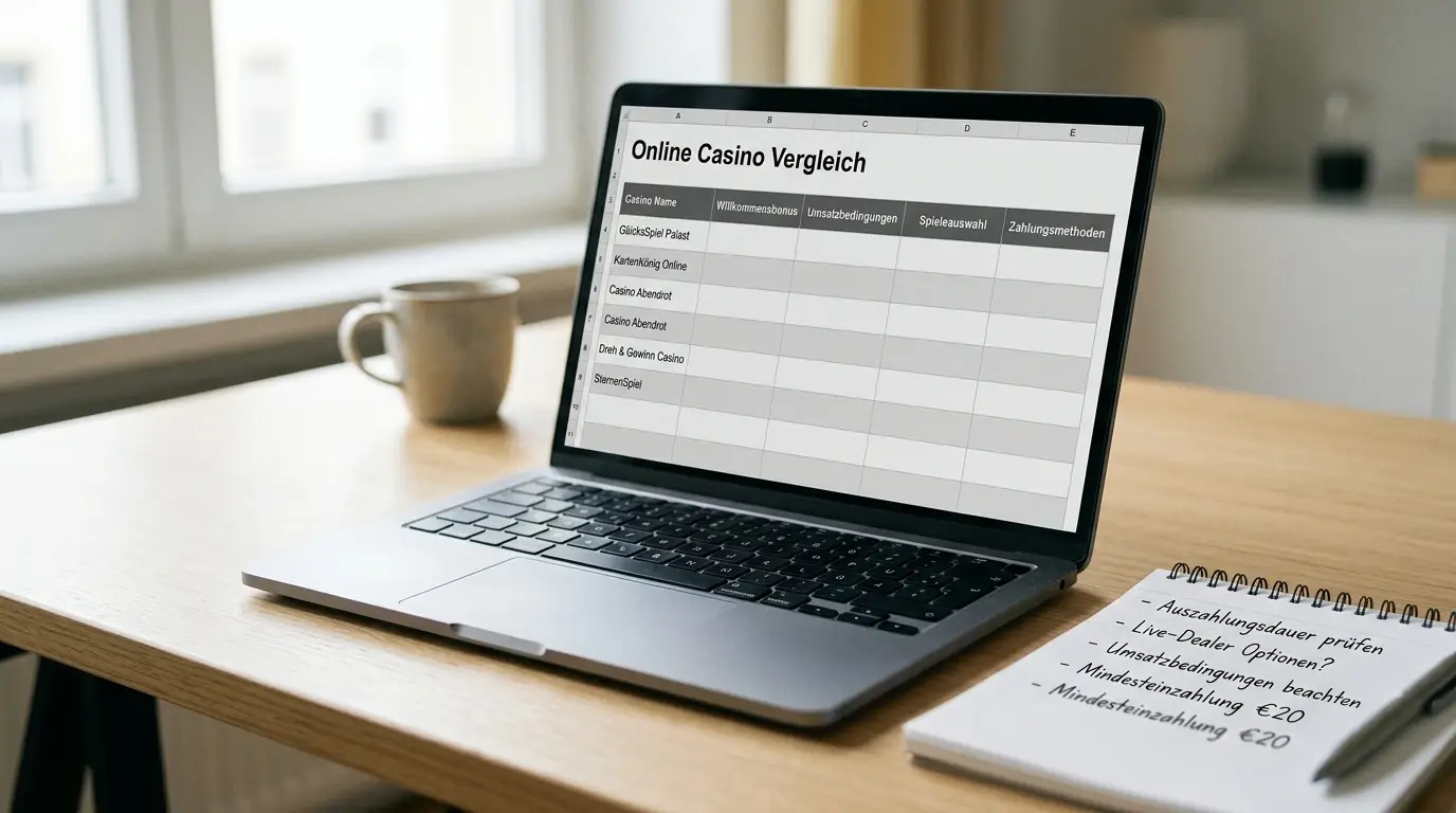 Nahaufnahme eines Laptops mit geöffneter Casino-Vergleichstabelle und Notizen zu Mindesteinzahlungen