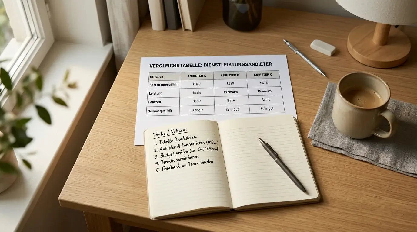Vergleichsbogen und Notizbuch auf einem aufgeräumten Schreibtisch