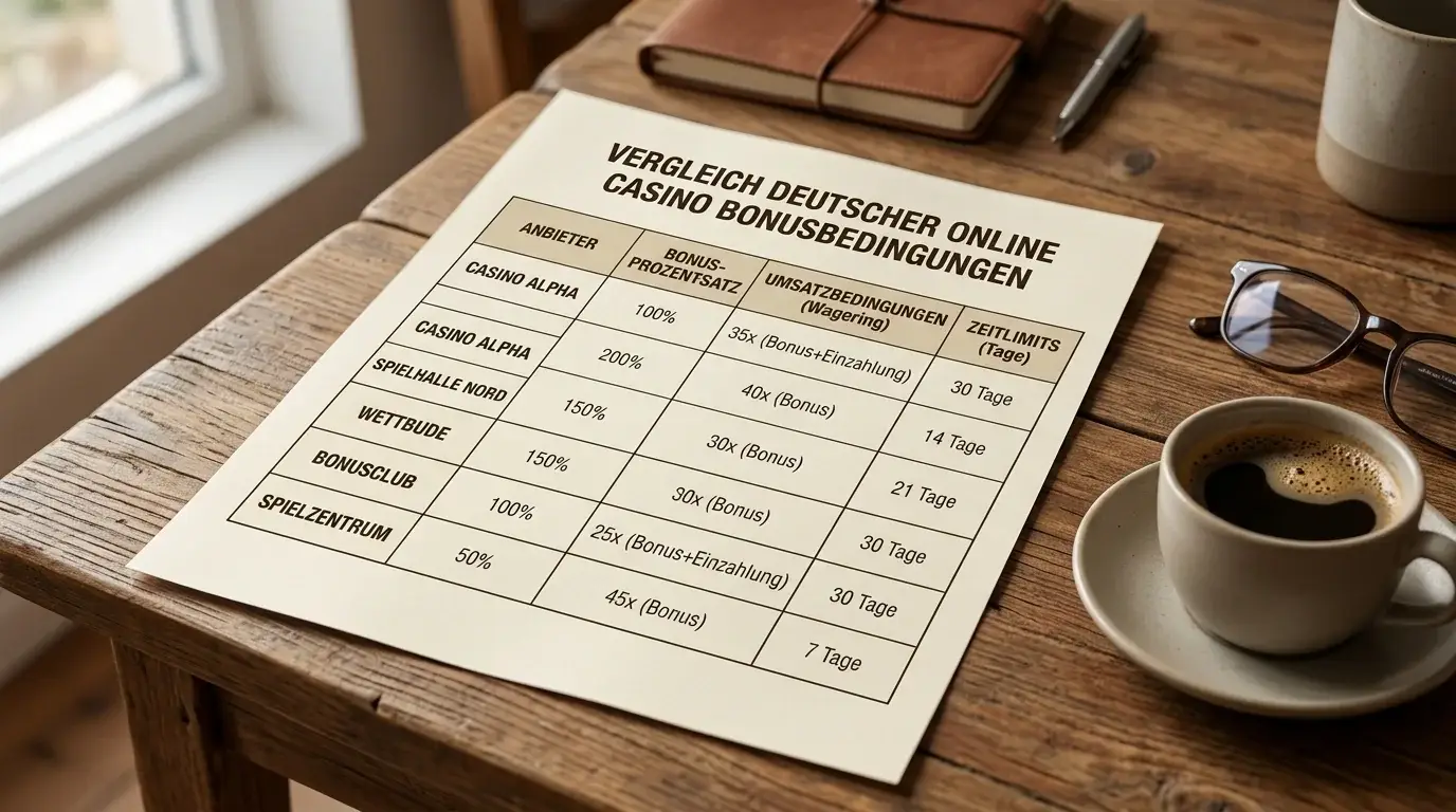 Vergleichstabelle mit Bonuskonditionen von elf GGL-lizenzierten Online-Casinos