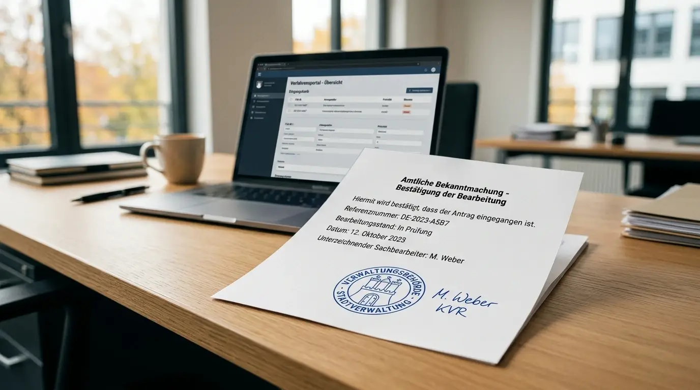 Offizielles Konzessionsdokument mit behördlichem Stempel und einem Laptop mit nüchterner Verwaltungsoberfläche