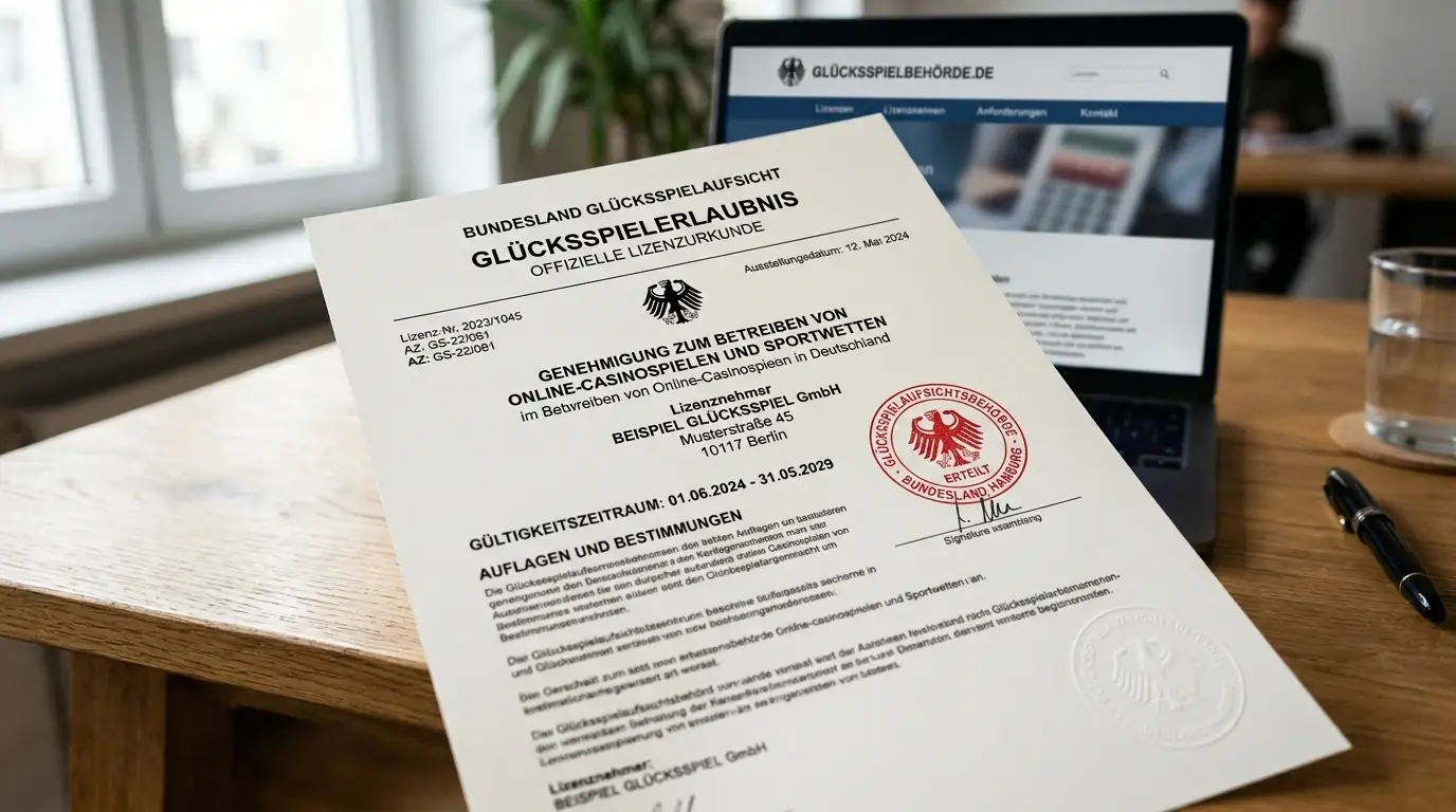 Offizielles Lizenzdokument und deutsches Regulierungssymbol auf Schreibtisch