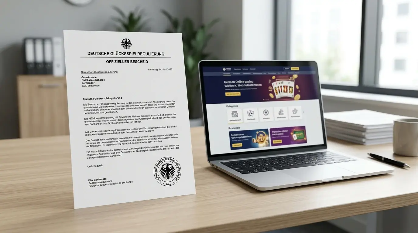 Offizielles Dokument mit GGL-Siegel auf Schreibtisch, daneben Laptop mit deutscher Casino-Webseite, sachliche Büroumgebung mit neutralem Licht