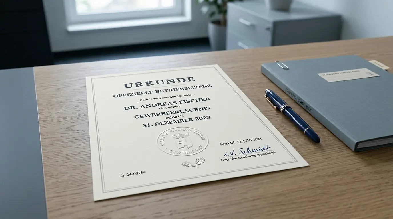 Offizielles Lizenz-Dokument mit Behördensiegel auf ruhigem Schreibtisch