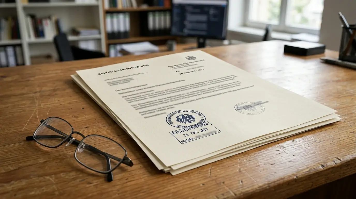 Offizielles deutsches Behördendokument mit Stempel auf Holzschreibtisch