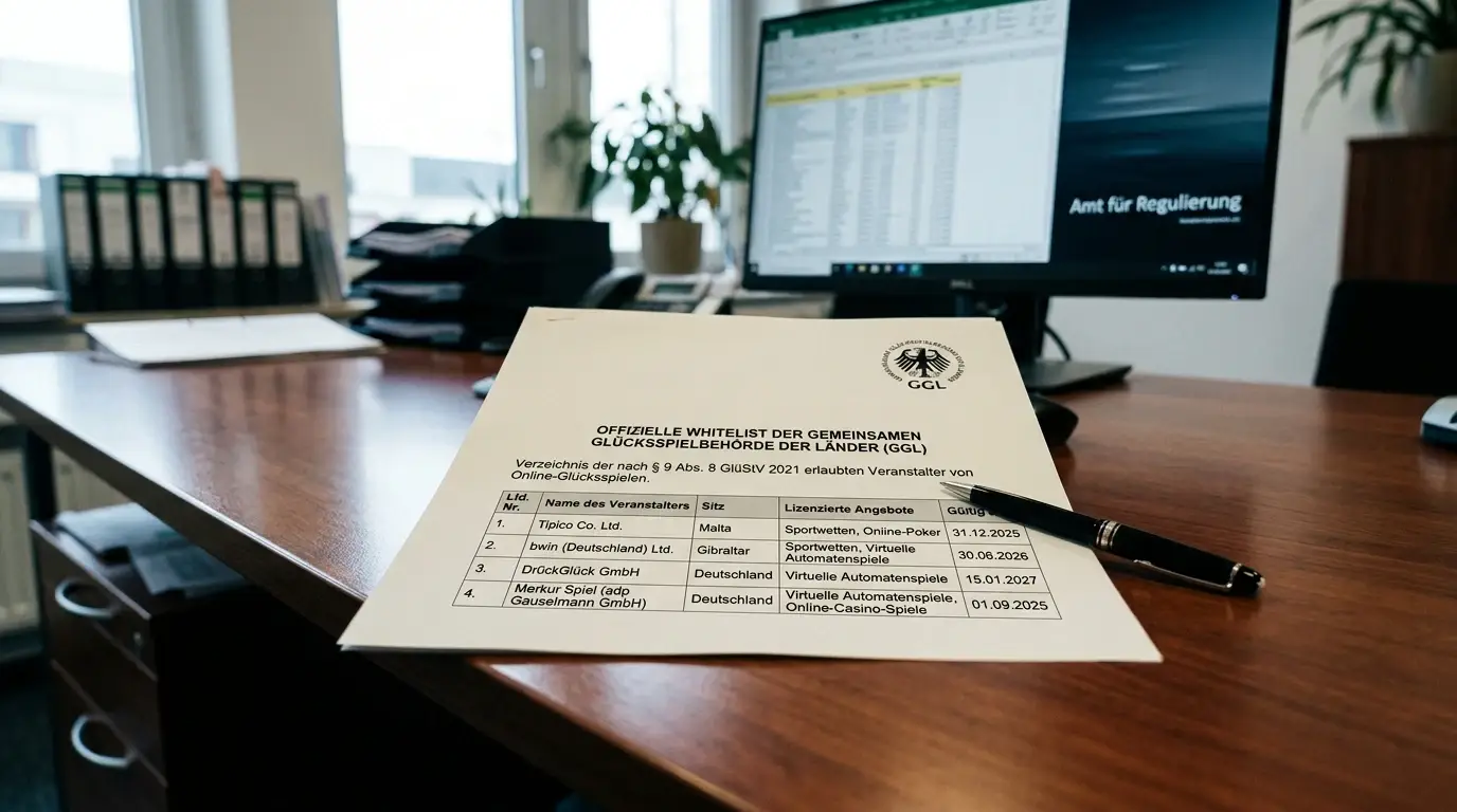 Öffentliche GGL-Whitelist deutscher Casinos mit Lizenzdokument auf dem Schreibtisch