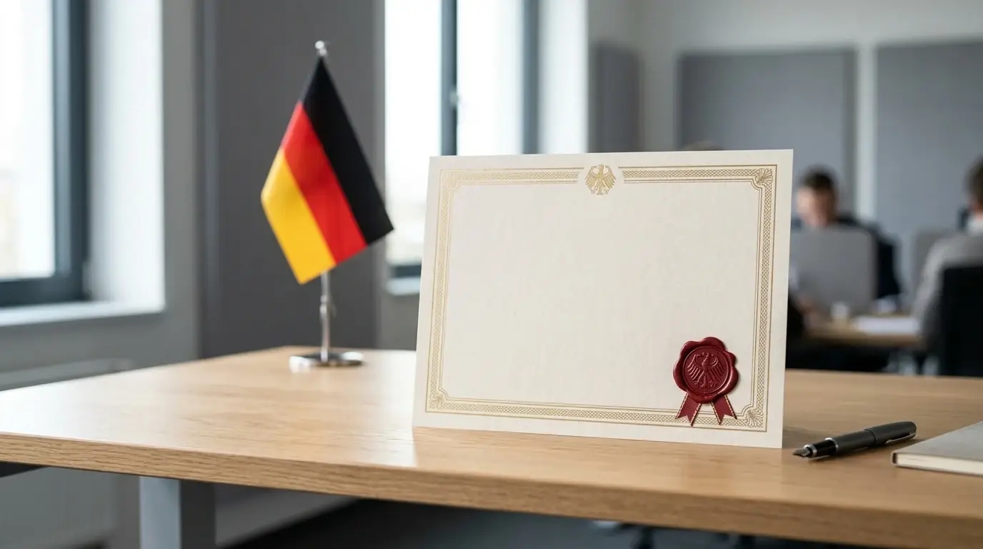 Stilisiertes GGL-Zertifikat und deutsche Flagge auf neutralem Hintergrund ohne Logos