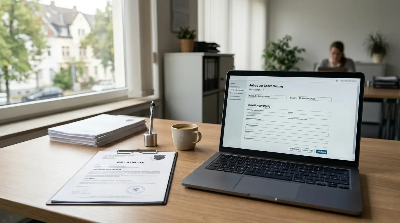 Sachliche Prüfsituation mit neutralem Lizenzdokument und Laptop in Deutschland