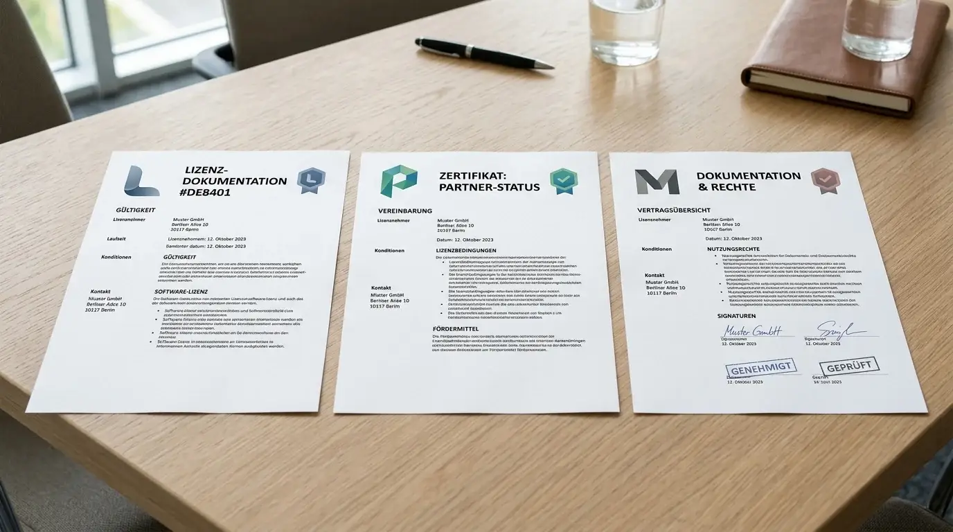 Drei nebeneinanderliegende Dokumente auf einem Konferenztisch, jedes mit abstraktem Lizenz-Abzeichen und neutralem Logo-Platzhalter, weiches Tageslicht von oben