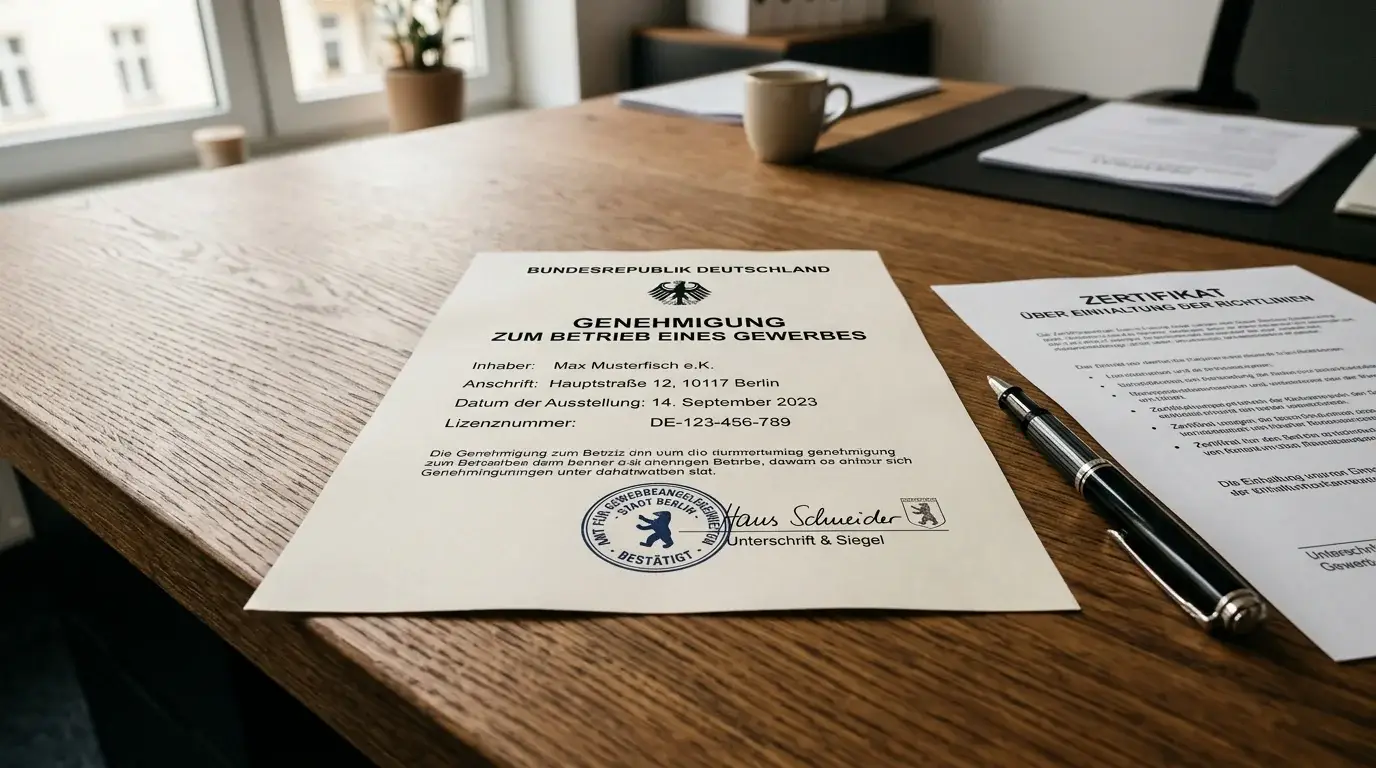Offizielle Dokumente und Lizenz-Stempel auf Schreibtisch ohne erkennbare Logos