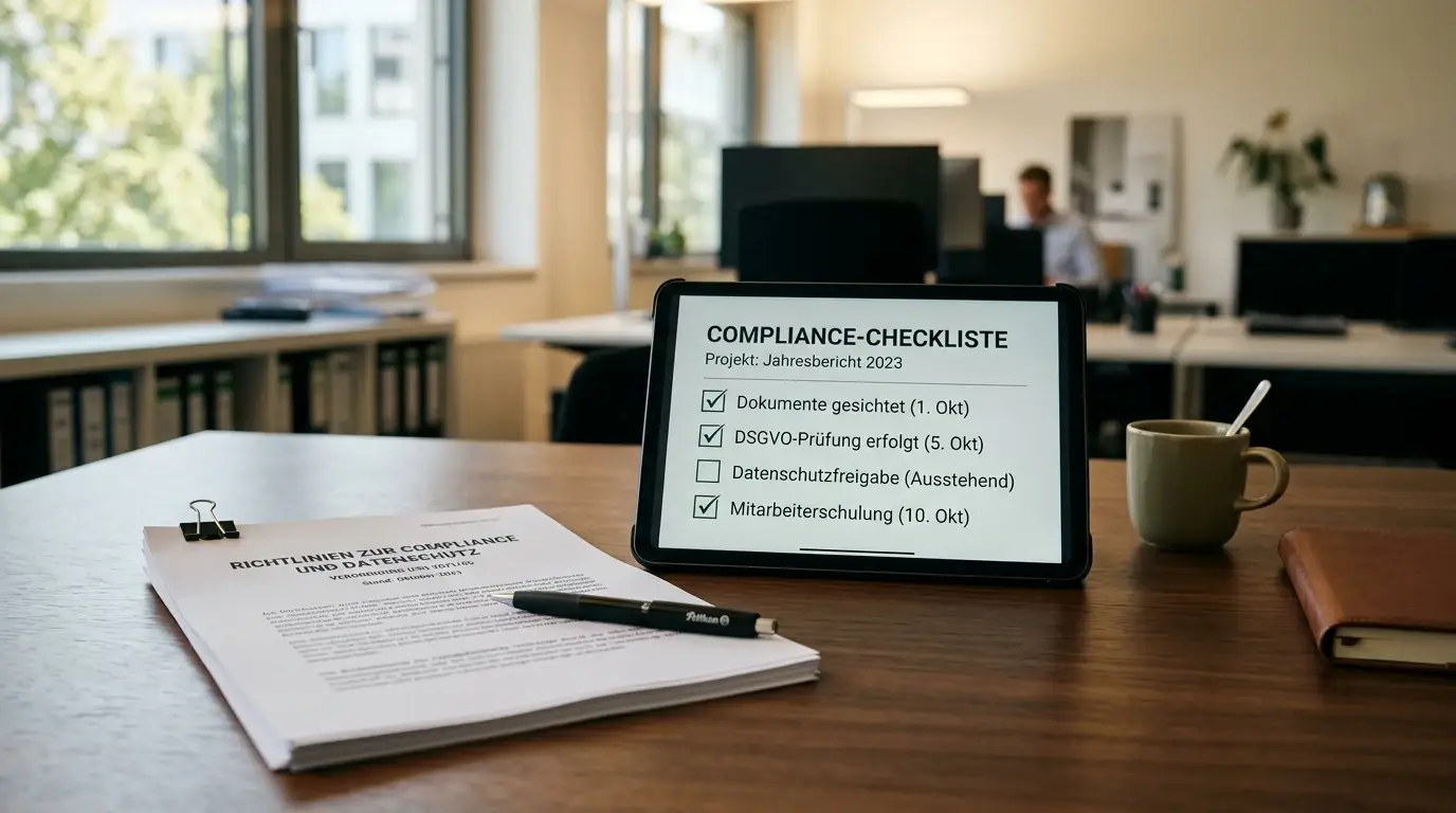 Ordentlicher Schreibtisch mit ausgedruckten Regulierungsdokumenten und Tablet mit Checkliste