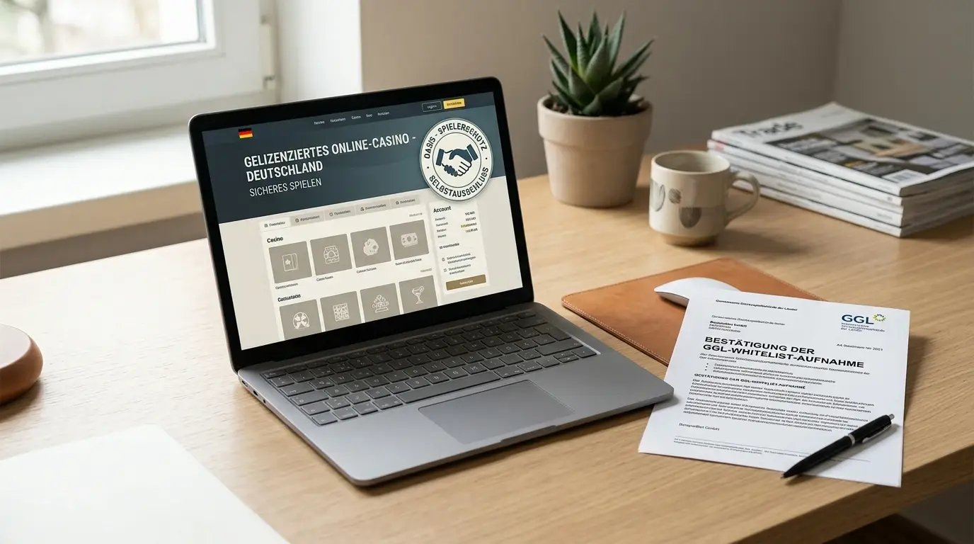 Aufgeräumter Schreibtisch mit GGL-Whitelist-Dokument und Laptop zeigt lizenzierte Casino-Webseite mit OASIS-Logo