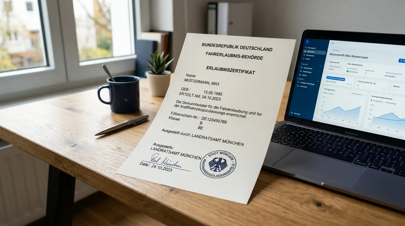Offizielles Lizenzdokument mit deutschem Siegel auf Schreibtisch