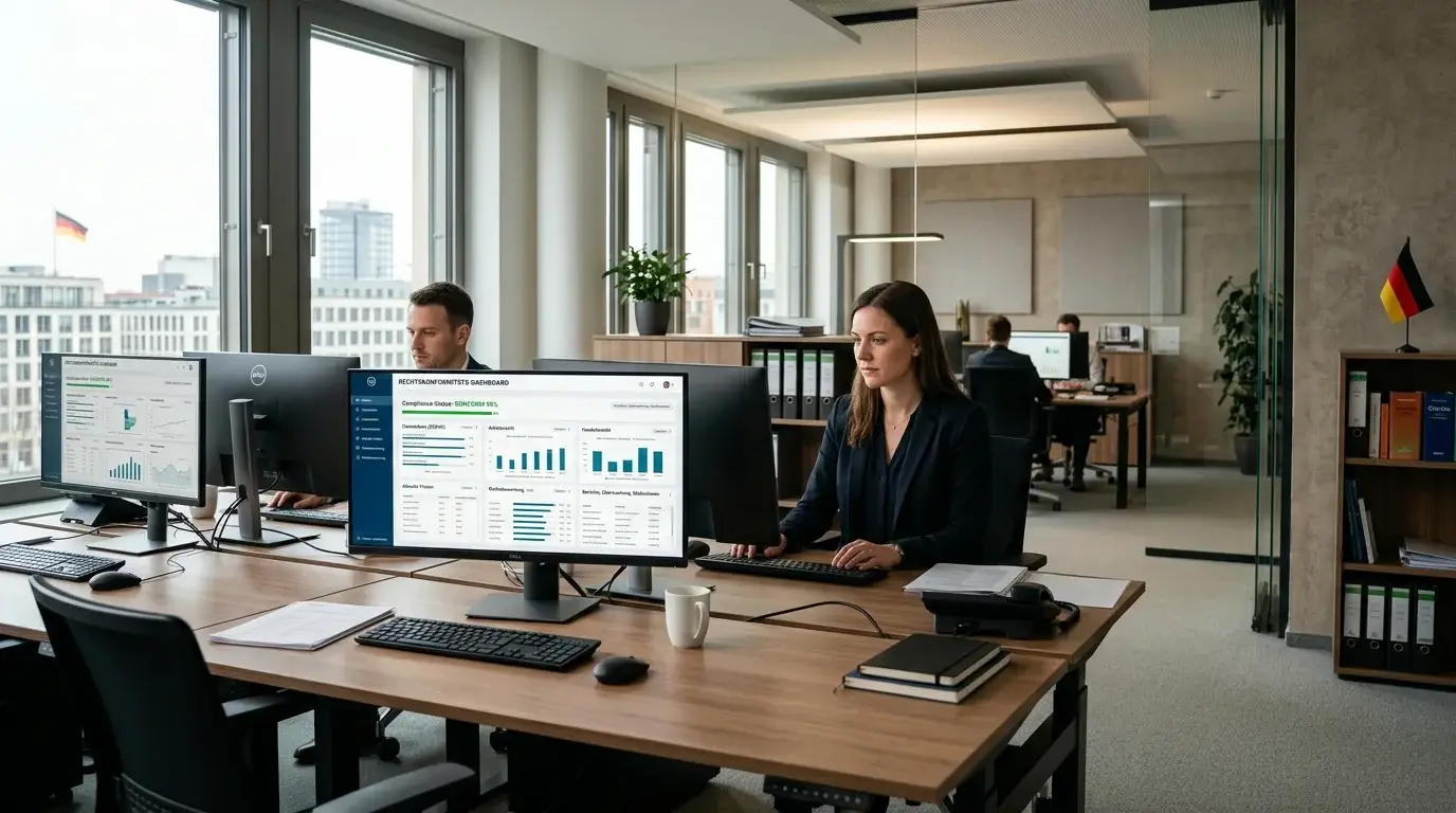 Modernes Büro mit Compliance-Dashboard für deutsche Glücksspielregulierung