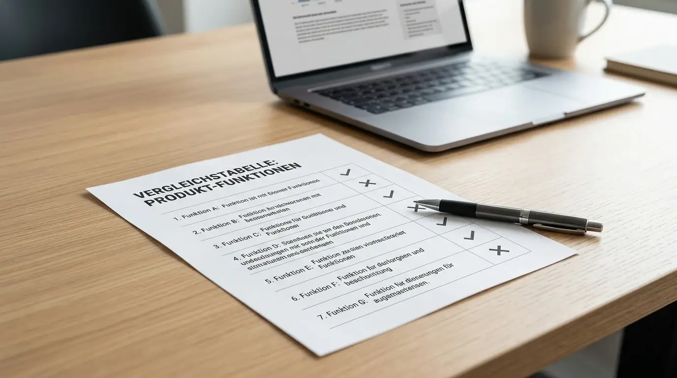 Vergleichstabelle mit Checkmarks auf einem ausgedruckten Dokument neben einem Laptop