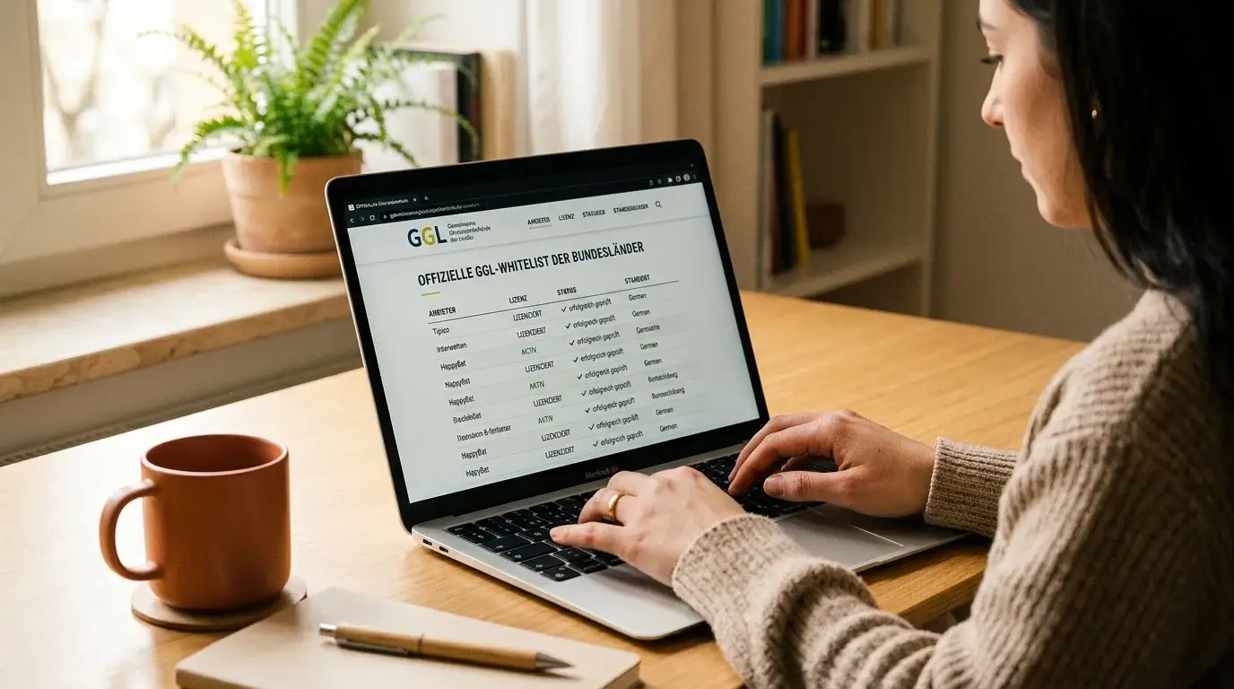 GGL-Whitelist auf Laptop-Bildschirm mit deutschen Casino-Lizenzen