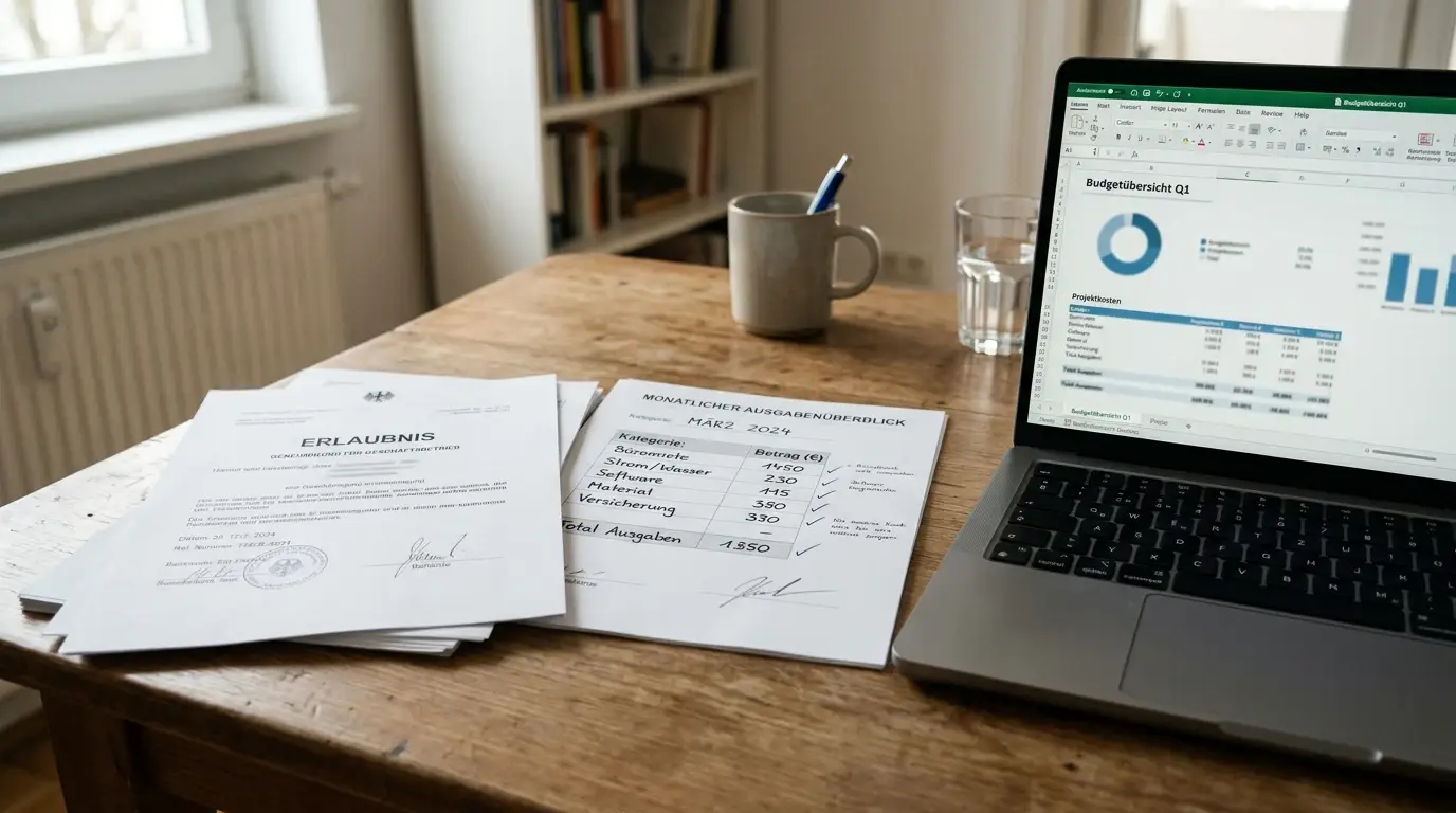Neutrales deutsches Erlaubnisdokument neben einem ruhigen Monatsübersichtsblatt und Laptop