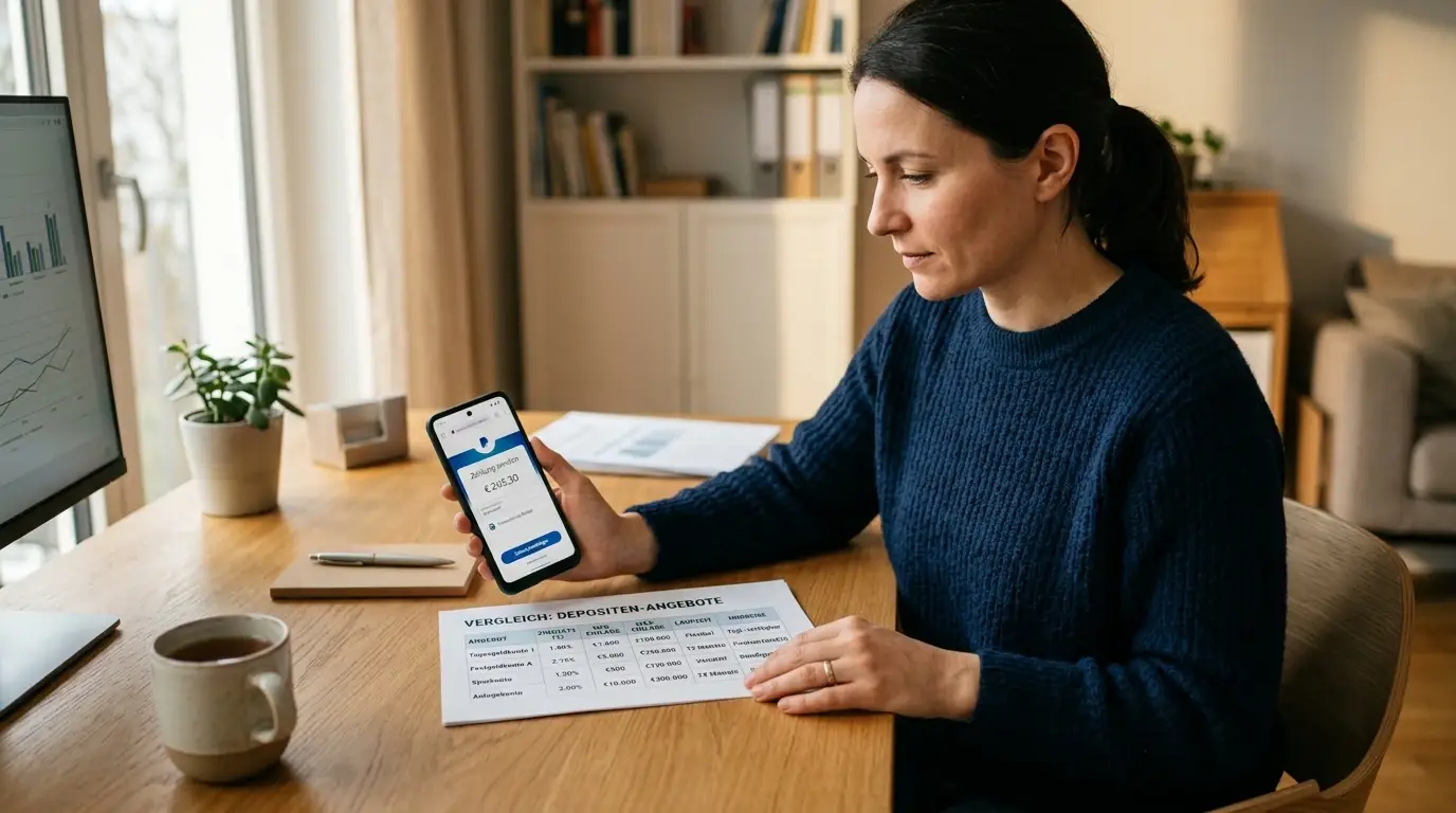 Person am Schreibtisch mit Smartphone und PayPal-Überweisung im Display