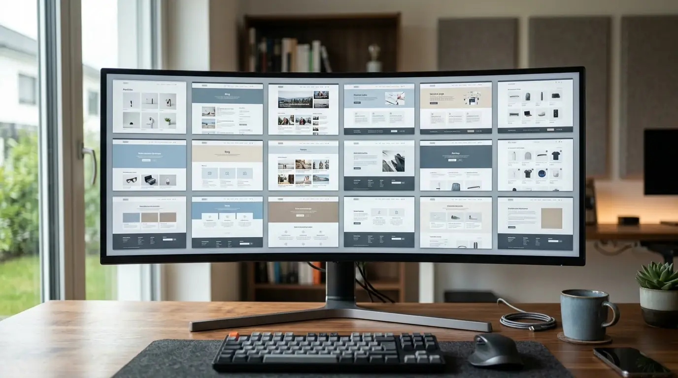 Übersichtliche Collage mehrerer neutraler Casino-Startseiten auf einem großen Monitor