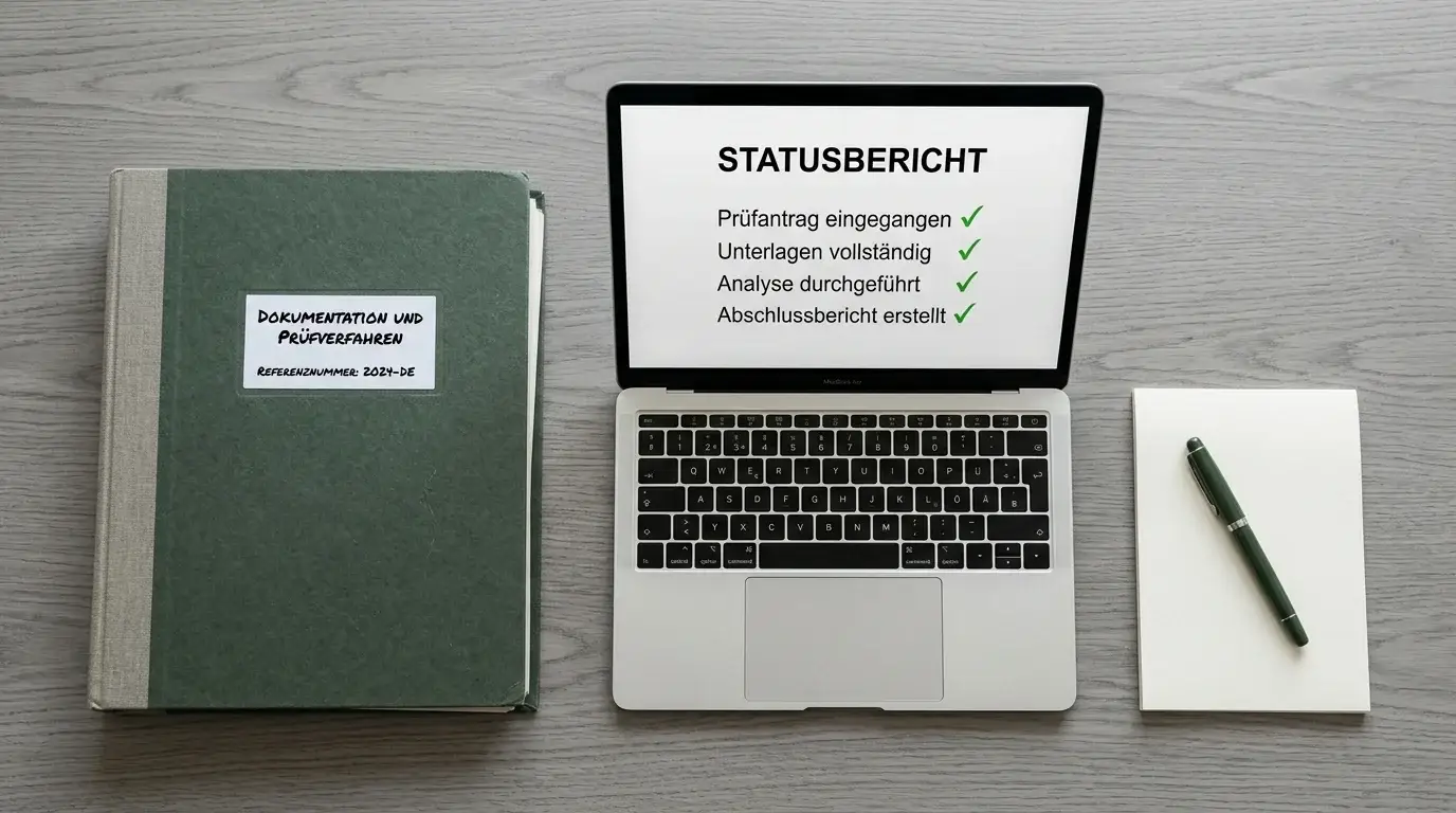 Schreibtisch mit Laptop und neutraler Regulierungsübersicht ohne erkennbare Logos