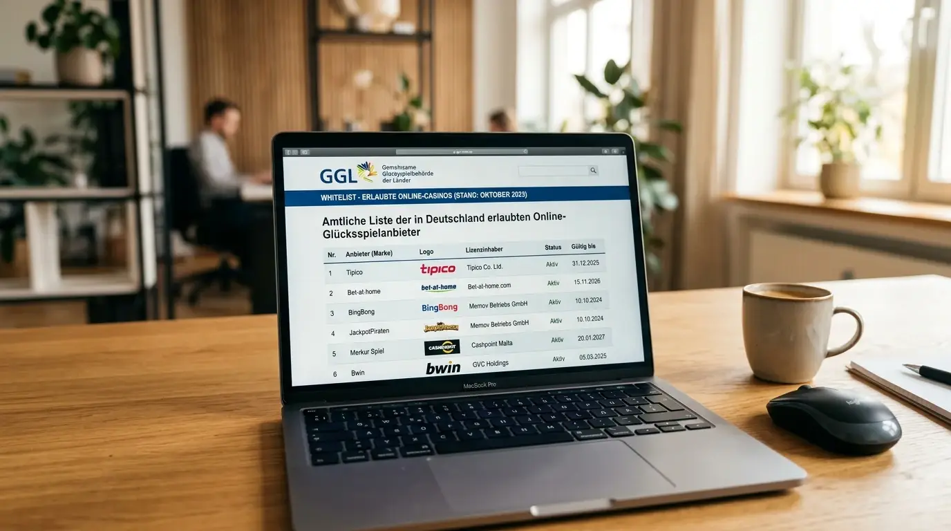 GGL-Whitelist auf einem Laptop-Bildschirm mit legalen deutschen Casino-Anbietern