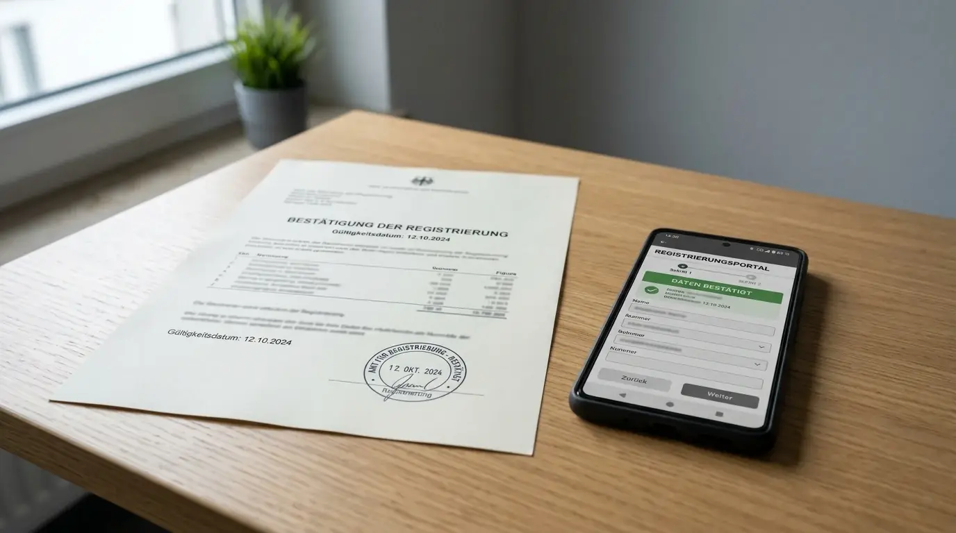 Neutrales Dokument mit Prüfsiegel und Smartphone