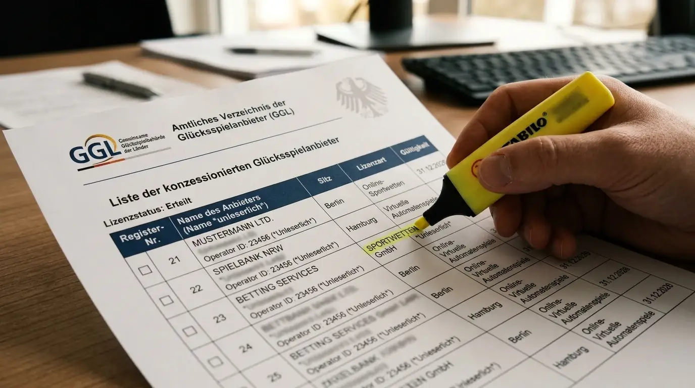 Offizielle GGL-Whitelist-Dokument mit Registertabelle und Markierung durch Textmarker