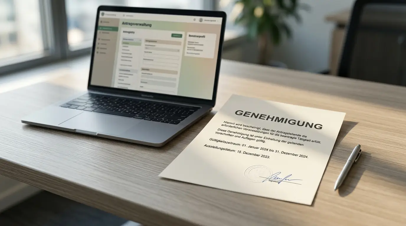 Neutrales Erlaubnisdokument mit amtlichem Stempel auf einem Schreibtisch