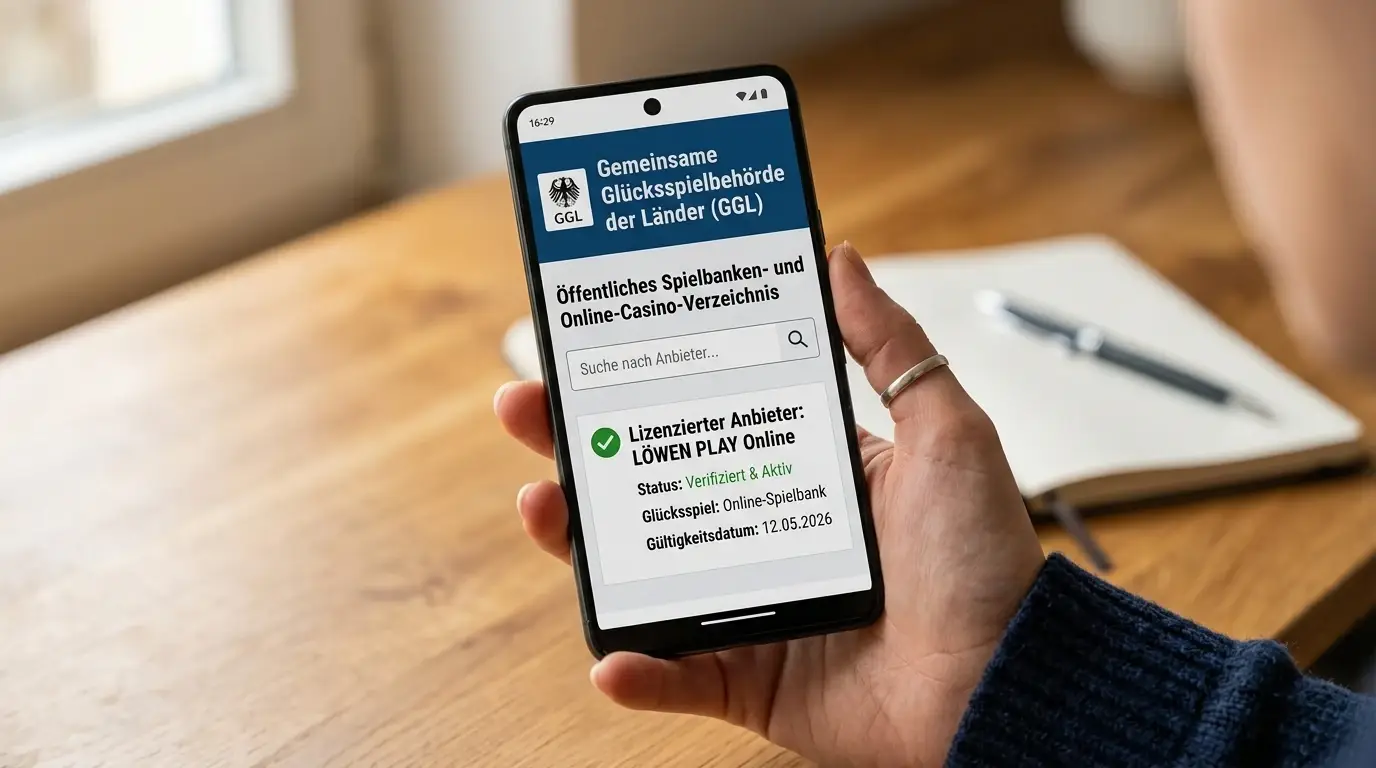 Offizielle GGL-Whitelist-Prüfung auf dem Smartphone – Lizenzstatus eines Online-Casinos wird in der Datenbank nachgeschlagen