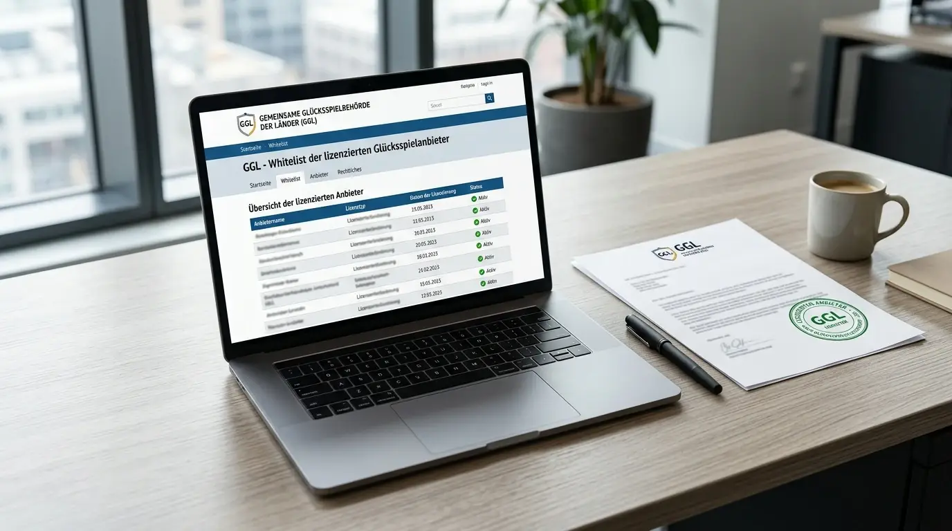 Dokument mit GGL-Whitelist-Eintrag und Lizenz-Siegel auf Schreibtisch