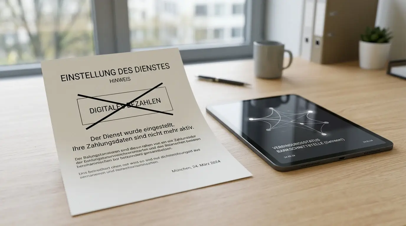 Symbolische Bankverbindung neben einer durchgestrichenen Giropay-Zahlungsnotiz
