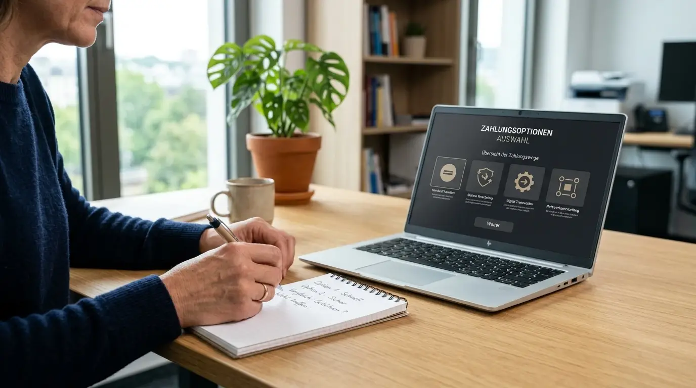 Neutrale Übersicht verschiedener digitaler Zahlungswege auf einem Laptop
