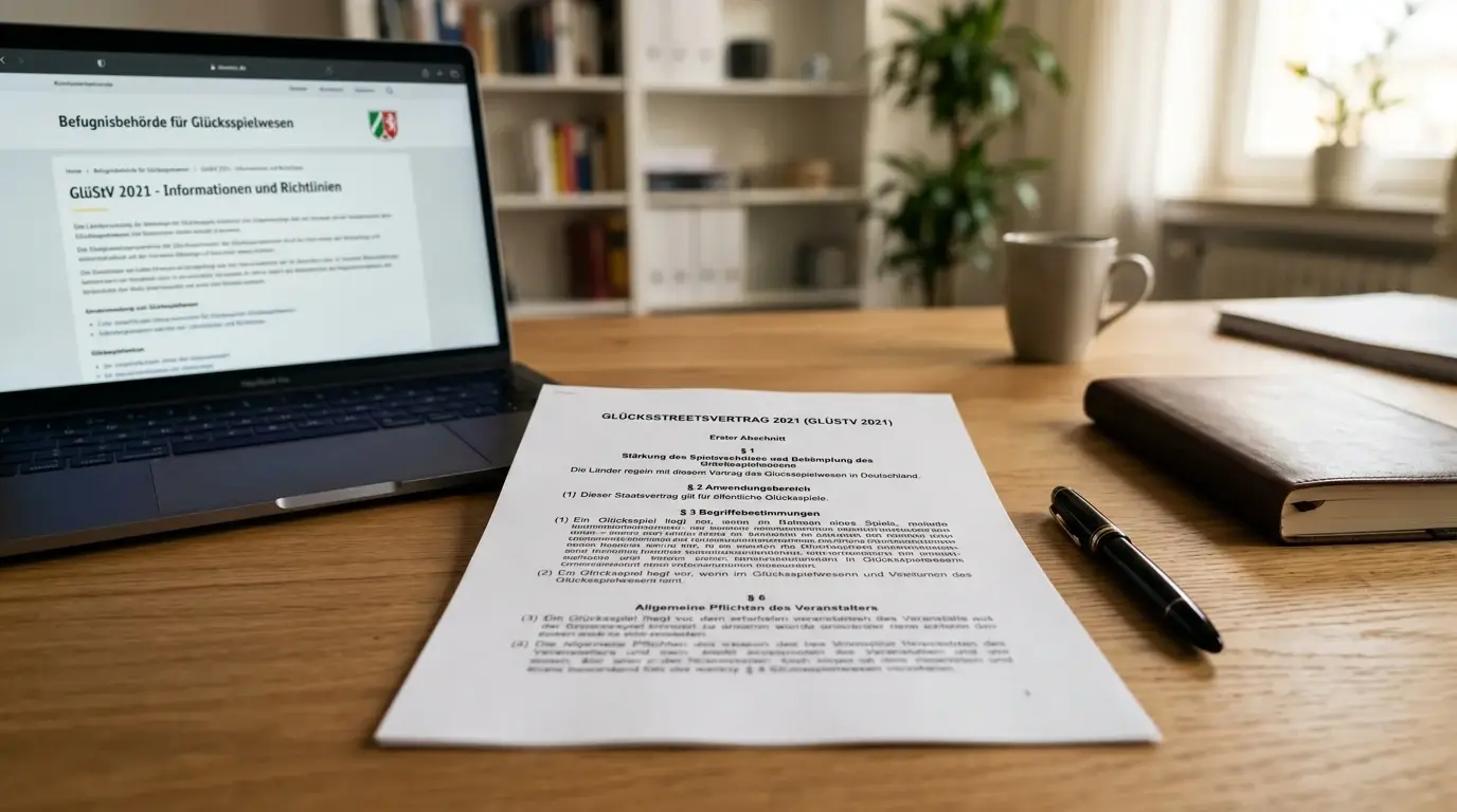 Gesetzesdokument mit GlüStV 2021 Paragraphen auf Schreibtisch neben Laptop mit neutraler behördlicher Webseite