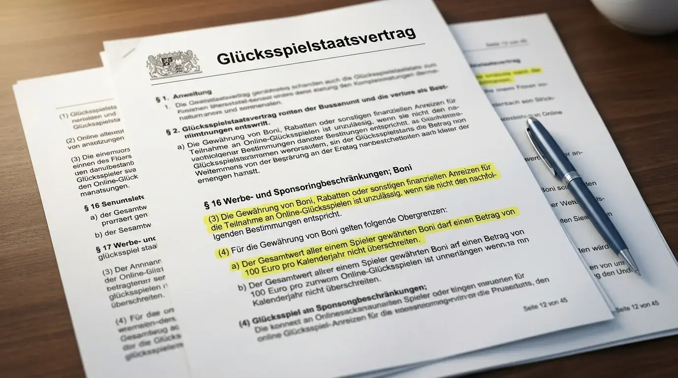 Gesetzestext des Glücksspielstaatsvertrags mit Markierungen zu Bonuslimits