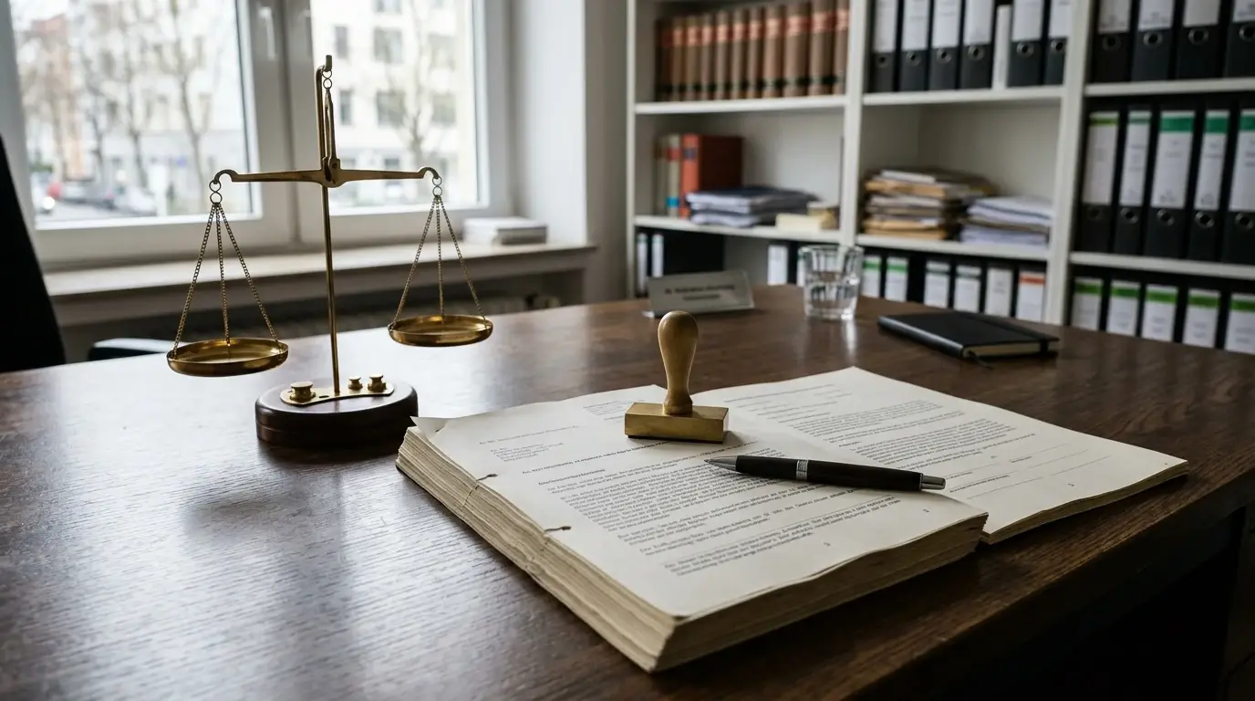 Gesetzestext auf Schreibtisch mit Stempel und neutraler Waage