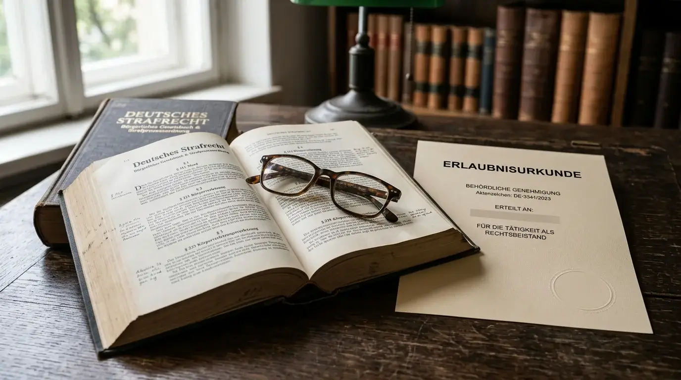 Aufgeschlagenes Gesetzbuch neben einem neutralen Lizenzdokument ohne Wappen