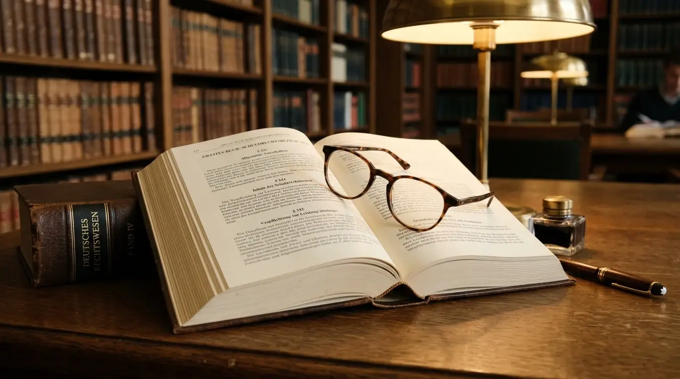 Geöffnetes Gesetzbuch mit Lesebrille und Füllfederhalter auf einem Holztisch