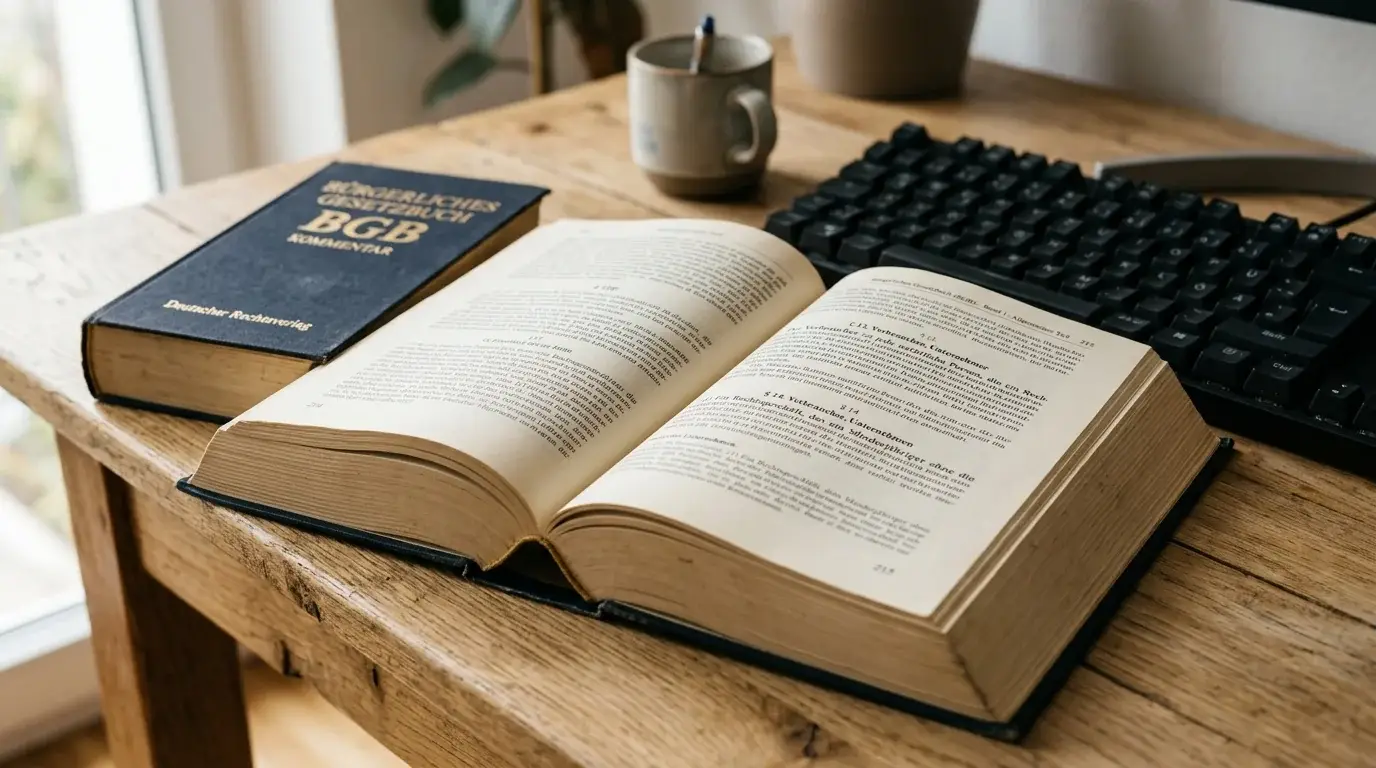 Aufgeschlagener Gesetzbuchband neben einer Tastatur auf hellem Tisch