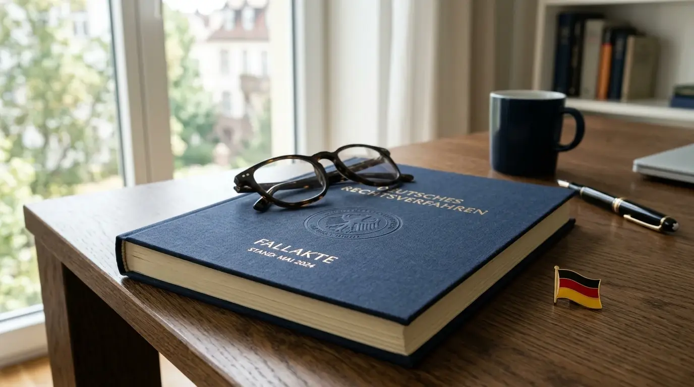 Gebundenes Dokument mit generischem Amtssiegel neben einer Lesebrille auf einem ordentlichen Schreibtisch
