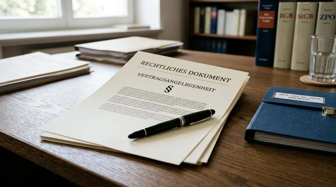 Neutrales Dokument mit Paragrafensymbol, Stift und ruhiger Schreibtischbeleuchtung