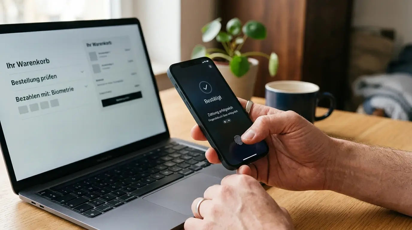 Smartphone mit neutraler Wallet-Bestätigung neben einem Casino-Kassenbereich