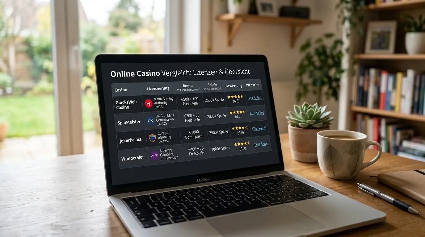 Vergleichstabelle mit Casino-Namen, Lizenzen und Bonusbeträgen auf neutralem Desktop
