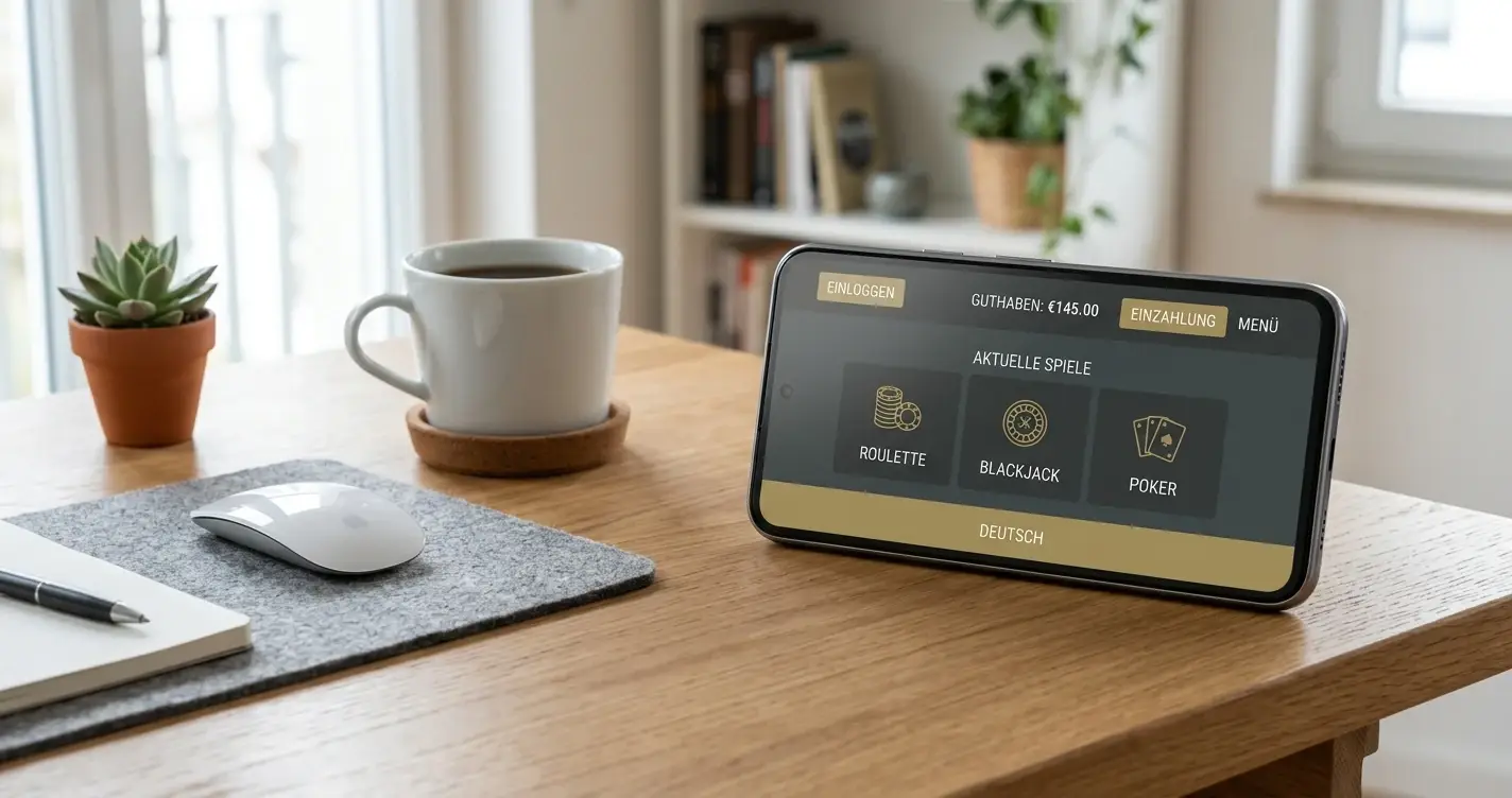 Smartphone mit geöffneter Casino-Oberfläche neben einem Laptop auf einem aufgeräumten Schreibtisch